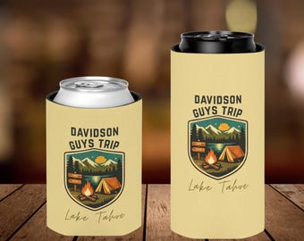 Enfriador de latas personalizado para camping, funda para latas de viaje para chicos, funda personalizada para camping Lake Tahoe, funda retro para latas de exterior