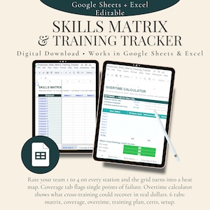 May include: A digital skills matrix and training tracker template for Google Sheets and Excel. The display shows two tablet screens featuring an employee skills matrix grid and an overtime calculator interface with a white stylus pen alongside.