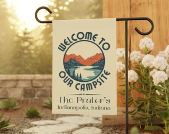 Personalized Campsite Flag Camp Custom Name, Custom RV Camping Decor, Retro Mountain Lake Scene Sign, Tent Camper Gift, City State