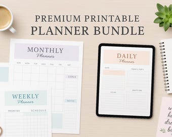 May include: Printable planner bundle featuring monthly, weekly, and daily planners, plus a digital tablet displaying a daily planner. The image also includes a coffee cup, pen, scissors, a succulent plant, and a notepad.