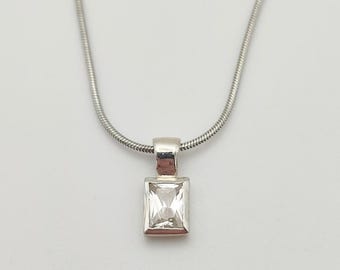 Vintage 925 Sterling Silver CZ Pendant Necklace, Rectangular Stone