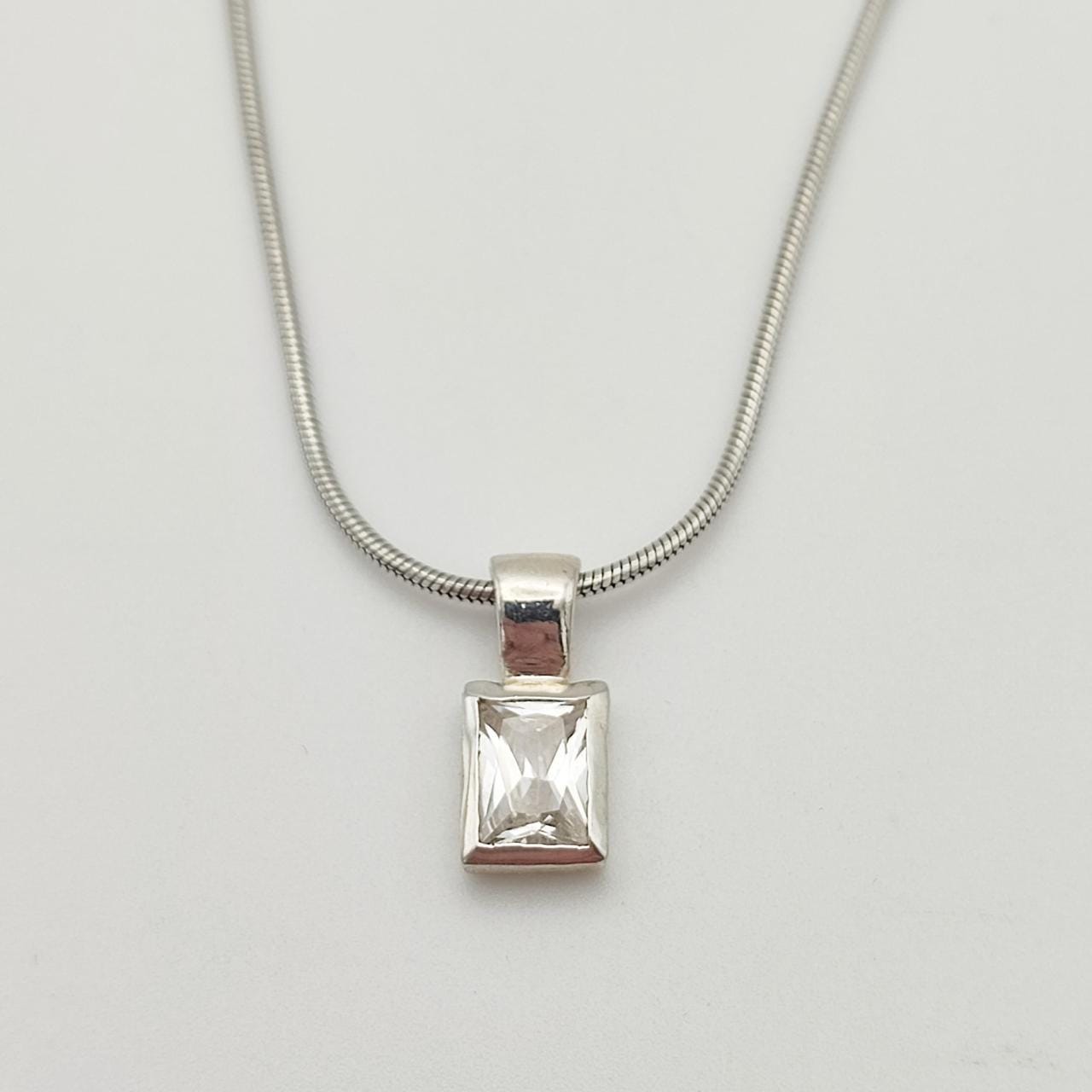 Vintage 925 Sterling Silver CZ Pendant Necklace, Rectangular Stone