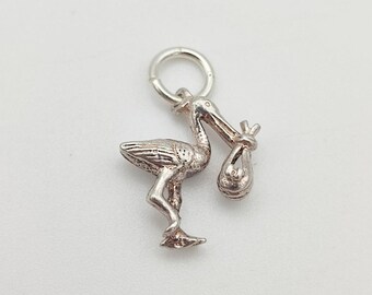 Charm Bracelet Vintage Argent Sterling 925 - Charme Cigogne Avec Bébé Mobile - 2.1 G - Occasion Bon état