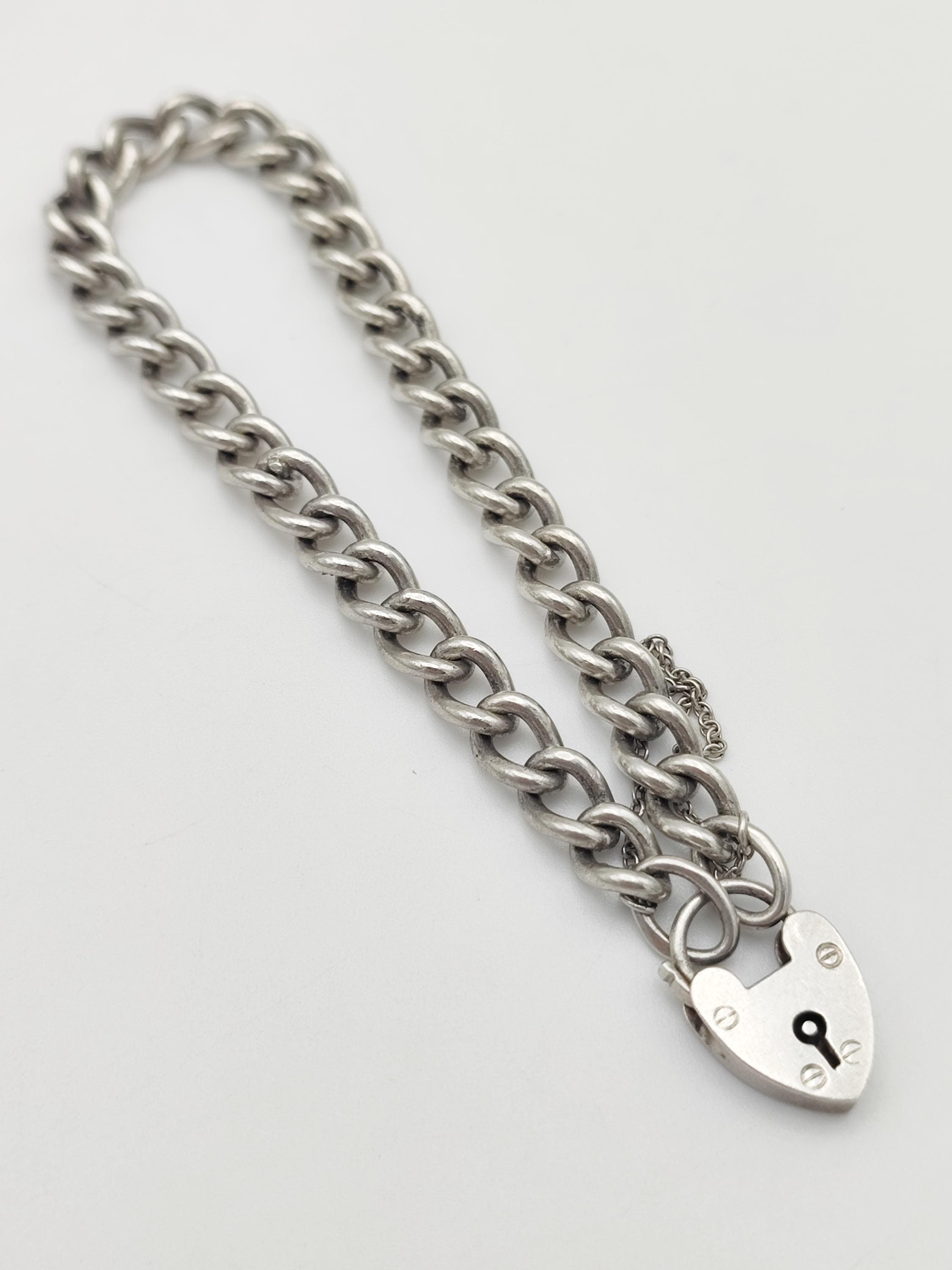 Vintage 925 Sterling Silver Curb Chain Bracelet With Heart Padlock