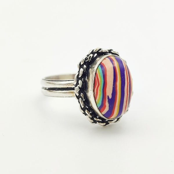 Vintage 925 Sterling Silver Rainbow Calsilica Cabochon Statement Cocktail Ring