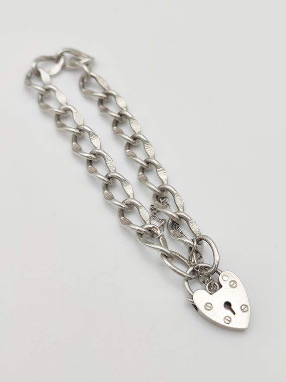 Vintage 925 Sterling Silver Heart Padlock Curb Chain Bracelet 