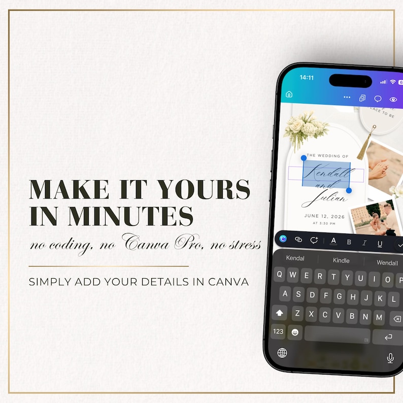 Editable Canva minimal wedding website template shown on a phone, designed to be customized in minutes with no coding and no Canva Pro required.