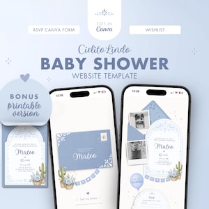 May include: A baby shower website template with a light blue and white design. The template includes a printable version, RSVP form, and wishlist options. The design features the name "Mateo" and decorative elements.