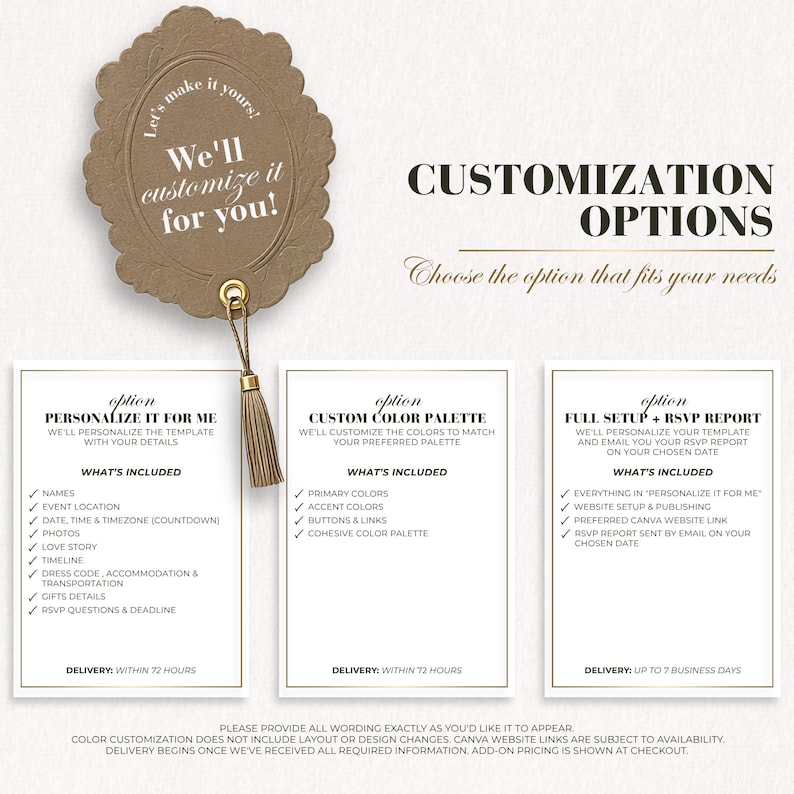 Wedding website customization services for Canva, including personalization, color customization, website publishing, and RSVP reports.