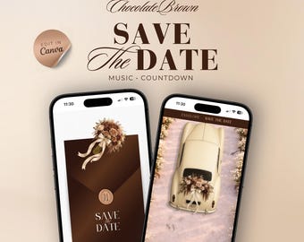 Schokoladenbraune Hochzeit Save the Date Website Template mit Musik und Countdown (editierbarer Canva)