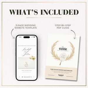 What’s included in the minimal wedding website template, featuring a 3-page Canva website and step-by-step PDF guide.