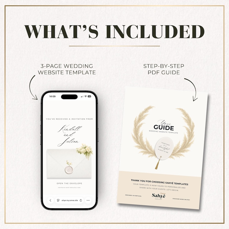 What’s included in the minimal wedding website template, featuring a 3-page Canva website and step-by-step PDF guide.