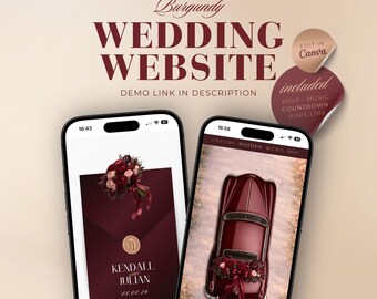 Burgundy Wedding Website Template with RSVP, Countdown, Music and Details (Editable Canva)