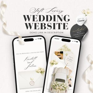 Minimal soft luxury wedding website template with RSVP, live countdown, maps link and editable Canva design, shown on mobile screens with white floral envelope and vintage car.