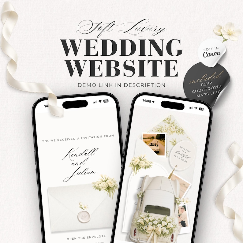 Minimal soft luxury wedding website template with RSVP, live countdown, maps link and editable Canva design, shown on mobile screens with white floral envelope and vintage car.