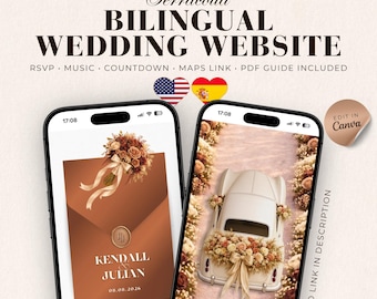 Terracotta Bilingual Wedding Website Template with RSVP, Countdown, Music and Maps, Editable Canva Invitation