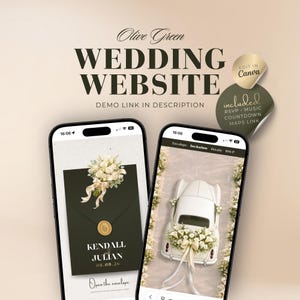 Olivgrüne Hochzeit Website Vorlage, Canva Digitale Einladung mit Antwortmöglichkeit, Countdown, Musik & Details
