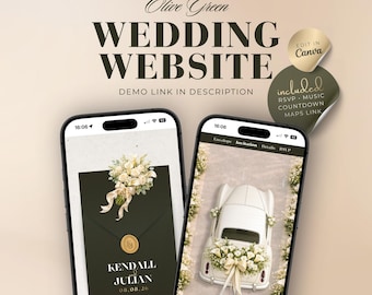 Olive Green Wedding Website Template, Canva Digital Invitation with RSVP, Countdown, Music & Details