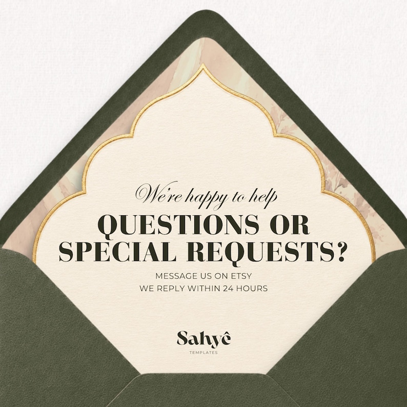 Questions and special requests slide for a minimal wedding website template, showing an olive green envelope, gold frame and customer support message.