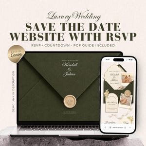 Save the Date Digital Invitation, Olive Green Wedding Canva Template with RSVP & Countdown, Instant Download