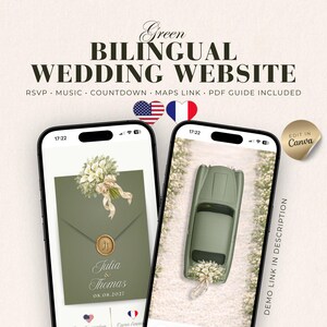 Green Digital Wedding Website Template Bilingual with RSVP, Countdown, Music and Maps (Editable Canva)