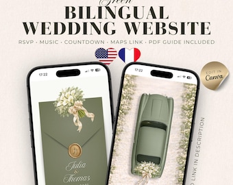 Green Digital Wedding Website Template Bilingual with RSVP, Countdown, Music and Maps (Editable Canva)
