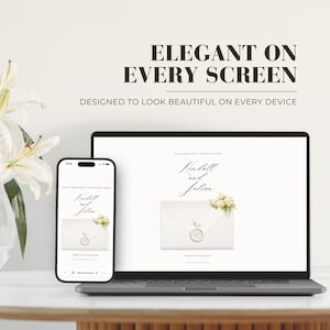 Elegant minimal wedding website template shown on laptop and phone, designed to look beautiful on desktop and mobile screens.