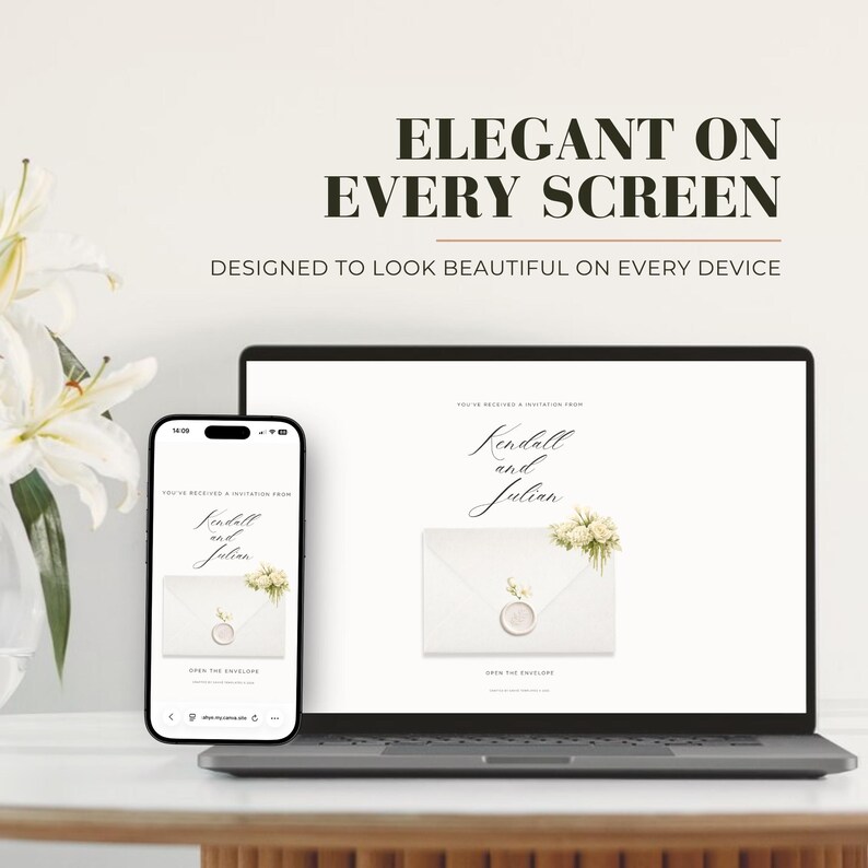 Elegant minimal wedding website template shown on laptop and phone, designed to look beautiful on desktop and mobile screens.