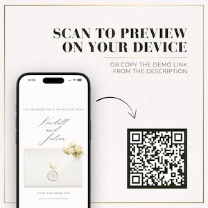 Scan to preview the editable minimal wedding website template on your device using a QR code or demo link from the listing description.