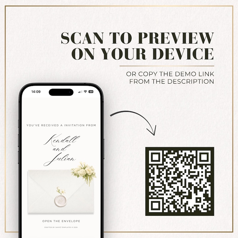 Scan to preview the editable minimal wedding website template on your device using a QR code or demo link from the listing description.