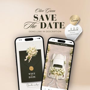 Olive Green Gold Wedding Save the Date Website Template: Music, Countdown (Canva Editable)