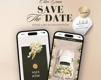 Modello di sito web per annunciare la data del matrimonio in verde oliva e oro: musica, conto alla rovescia (modificabile su Canvas)