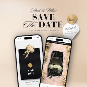 Black & White Wedding Save the Date Website Template: with Music and Countdown (Editable Canva)