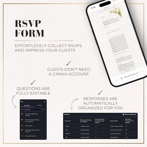 RSVP form feature for a minimal wedding website template, showing editable questions, guest responses and automatic organization.