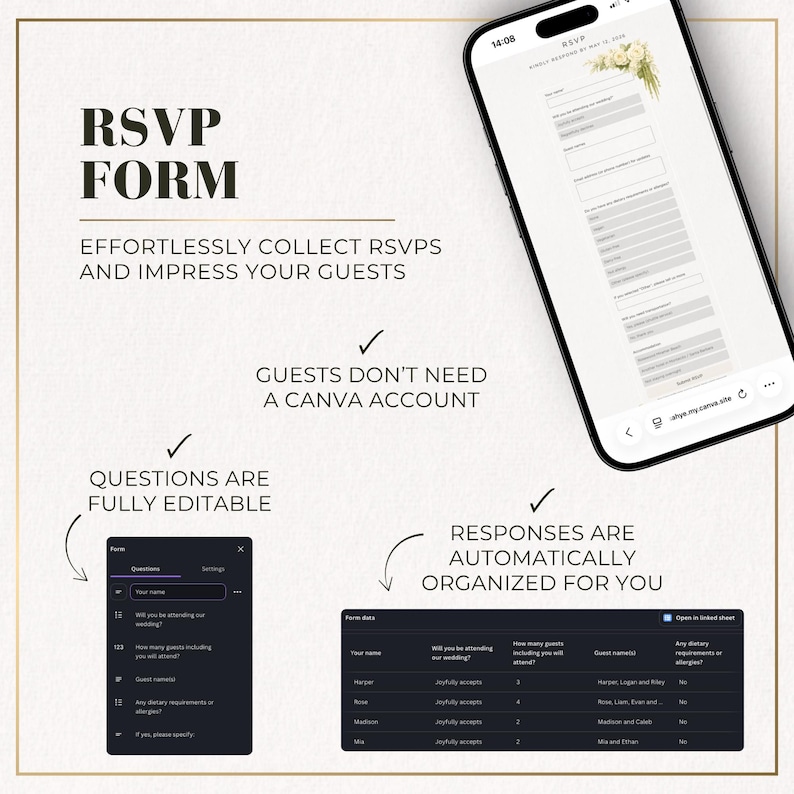 RSVP form feature for a minimal wedding website template, showing editable questions, guest responses and automatic organization.