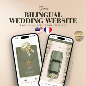 Könnte beinhalten: Zwei Smartphones zeigen eine zweisprachige Hochzeitswebsite-Vorlage in Salbeigrün. Die Bildschirme zeigen einen Umschlag mit Wachssiegel, einen Strauß weißer Blumen und ein Oldtimer-Auto. Text beinhaltet: Green BILINGUAL WEDDING WEBSITE, RSVP, MUSIC, COUNTDOWN, MAPS LINK, Julia & Thomas, 26.09.2026 und EDIT IN Canva.