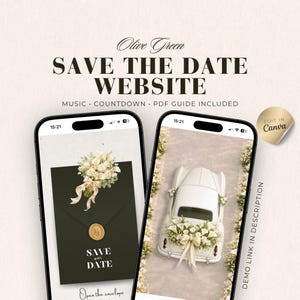 Olive Green Wedding Save the Date Website Template, Canva Digital Invitation (PDF Guide)