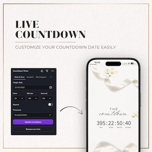Live countdown feature in an editable wedding website template, showing how to customize the wedding countdown date and preview it on mobile.