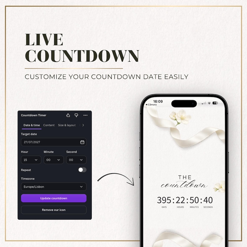 Live countdown feature in an editable wedding website template, showing how to customize the wedding countdown date and preview it on mobile.