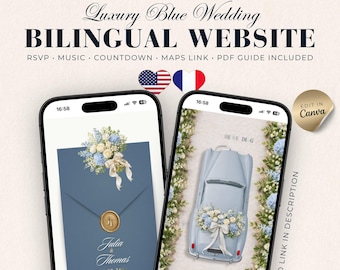 Blue Bilingual Wedding Website Template, English French Canva Invitation with RSVP, Music & Countdown
