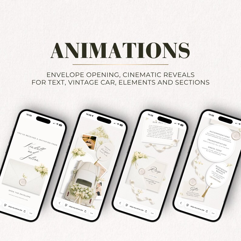 Animated minimal wedding website template with envelope opening, vintage car reveal, RSVP form, live countdown and cinematic sections.