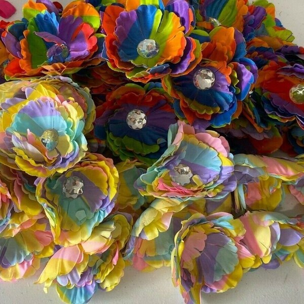 52 pcs Girls Rainbow Print fake Flower Heads Peonys for Headband Clip Lot DIY