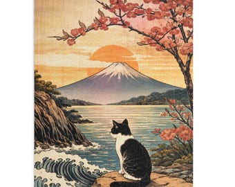 May include: A jigsaw puzzle featuring a Japanese-style landscape with a black and white cat. The scene includes a mountain, a lake, cherry blossoms, and a setting sun. The puzzle is a square shape.