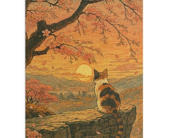 May include: A serene illustration depicts a calico cat perched on a stone ledge, gazing at a sunset over a mountain range. Cherry blossoms and a tree branch frame the scene, with a warm color palette of orange, pink, and brown.