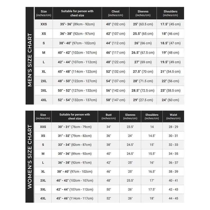 May include: A detailed size chart for men and women, with measurements in inches and centimeters. The chart includes sizes from XXS to 4XL, detailing chest, bust, sleeve, shoulder, and waist measurements for clothing.