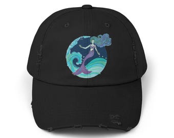 Czapka Mermaid Distressed, Fantastyczny kapelusz dla plażowych syren, syren morskich i selkie, ręcznie rysowany wzór