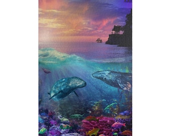 May include: A colorful underwater scene with two gray whales swimming in a vibrant coral reef. The whales are swimming towards each other, with the sun setting in the background.