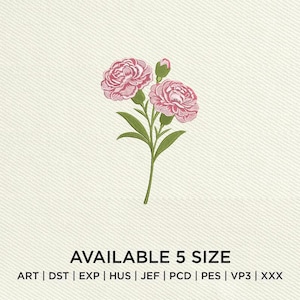 Pink Carnation Flower Embroidery Design, Floral Machine Embroidery File (PES, DST, JEF)