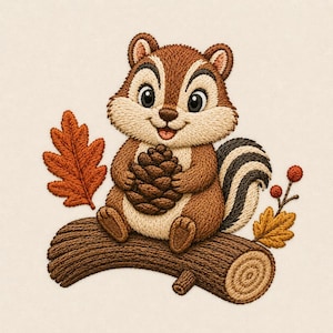 May include: An embroidery design featuring a brown chipmunk with a striped tail sitting on a textured brown log. The chipmunk holds a brown pinecone. To the left is an orange oak leaf, and to the right are small red berries and a yellow leaf.