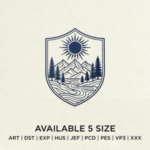 Mountain Landscape Embroidery Design, Sun River Pines Badge, Minimal Line Art (Digital Download)